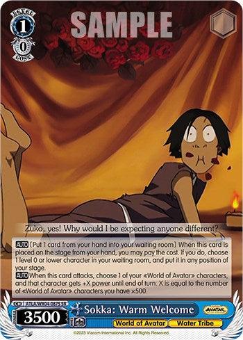 A trading card titled "Sokka: Warm Welcome [Avatar: The Last Airbender]" from the Bushiroad card game depicts a startled Sokka in a brown outfit. With a blue border and text detailing its abilities, it boasts "3500" power for 1 point. This super rare card belongs to the "Water Tribe" group.
