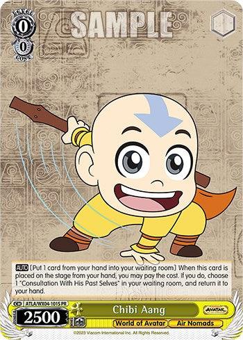 A promo card featuring a chibi version of Aang from Avatar: The Last Airbender. The character has a cheerful expression, holding a staff behind him. The card boasts various stats, abilities, and text in the corners with a gold border. Text at the bottom reads 