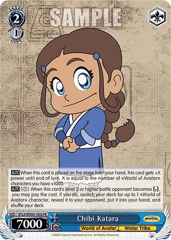 A chibi-style illustration of a character named Chibi Katara from "World of Avatar," depicted with large expressive eyes, brown hair in two buns, and dressed in a blue Water Tribe outfit. This Chibi Katara (Foil) [Avatar: The Last Airbender], by Bushiroad, features game mechanics, stats (7000 power), and abilities in a decorative frame.
