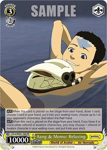 The image shows a promo card featuring a character named Aang lounging on his back with arms behind his head while Momo, a flying lemur, rests on his chest. There are game stats and instructions for the card's abilities, with text indicating it's from "Aang & Momo: Relaxing (Foil) [Avatar: The Last Airbender]" by Bushiroad.