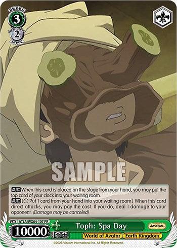 A collectible character card from "Avatar: The Last Airbender" features Toph from the Earth Kingdom in a spa setting. Sporting brown goggles and dark hair, Toph is partially submerged in a warm bath, radiating relaxation. The card details abilities and stats: “Toph: Spa Day [Avatar: The Last Airbender],” level 3, 10,000 power, Bushiroad ©2023.