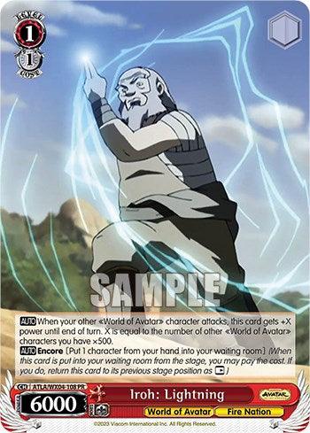 A Bushiroad trading card image featuring Iroh: Lightning [Avatar: The Last Airbender]. Representing the Fire Nation, Iroh is depicted in a battle stance, generating lightning with both hands. The promo card attributes include a level of 1, 6000 power, and special abilities. The background shows a cloudy sky with "SAMPLE" watermarked across the center.