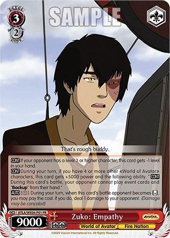 A Promo Character Card features Zuko: Empathy [Avatar: The Last Airbender] from Bushiroad. The card showcases Zuko with a concerned expression and a flame-shaped scar on his face. Text includes gameplay details, stating attributes like cost, power, soul, and abilities in a Fire Nation-themed game.