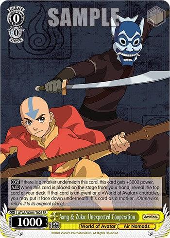 A super rare trading card titled "Aang & Zuko: Unexpected Cooperation [Avatar: The Last Airbender]" from Bushiroad Features Aang in front, wearing Air Nomad attire and Zuko behind him, donning the Blue Spirit mask and outfit. The character card has a 1000 power rating and detailed text describing its abilities.