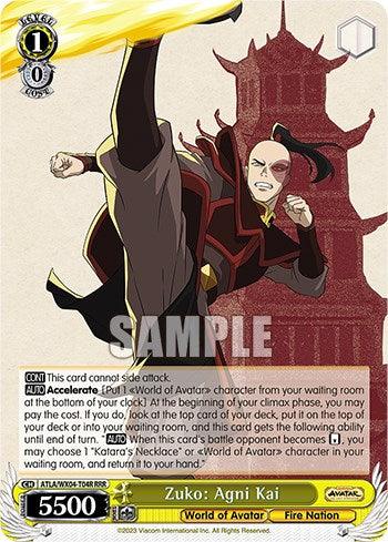 A Bushiroad trading card featuring Zuko from "Avatar: The Last Airbender," labeled "Zuko: Agni Kai [Avatar: The Last Airbender]" with a power of 5500. Zuko is posed aggressively in front of a traditional fire nation structure, dressed in a red and black outfit. The card includes game rules and abilities text.
