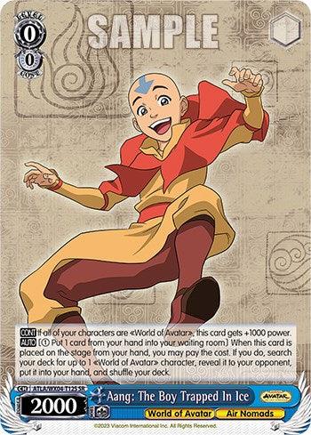A trading card titled "Aang: The Boy Trapped In Ice [Avatar: The Last Airbender]" from the Bushiroad brand. This super rare card features a smiling Aang, dressed in yellow and orange Air Nomad attire, his blue arrow tattoo visible. With a power rating of 2000, it includes game-specific text and symbols.