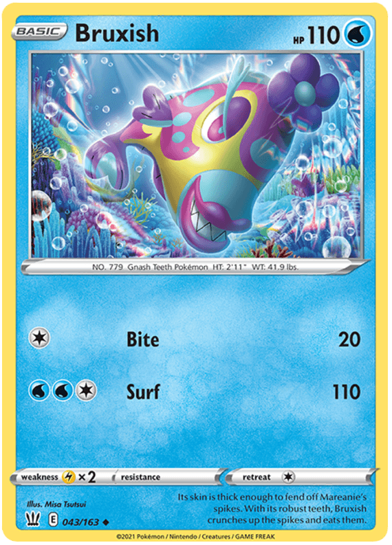 A Pokémon card from the Sword & Shield Battle Styles set featuring Bruxish (043/163) [Sword & Shield: Battle Styles] with a blue aquatic background. This Water type Pokémon boasts vibrant colors, a large mouth with sharp teeth, and fins. The card displays its stats: 110 HP, with attacks Bite (20) and Surf (110), an Uncommon rarity, weakness to lightning, no resistance, and a retreat cost of one energy.