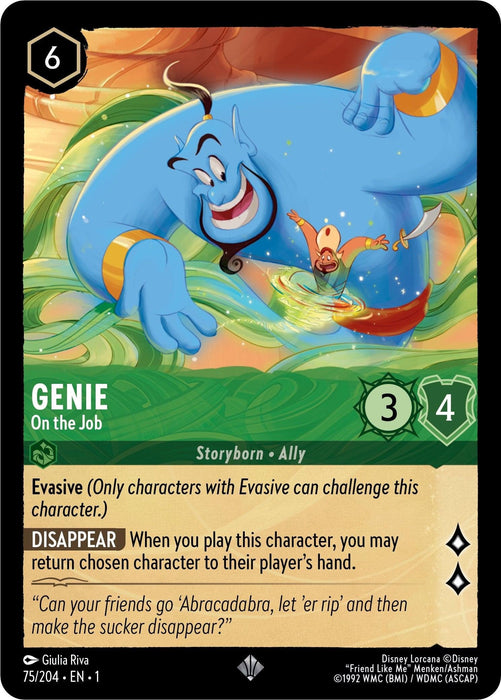 A card titled "Genie - On the Job (75/204) [The First Chapter]" from Disney. This super rare card has a cost of 6 ink drops, with attack power 3 and defense 4. Featuring Evasive and Disappear abilities, the artwork depicts a vibrant blue-colored genie emerging from a golden lamp.