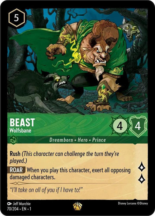 A Disney Beast - Wolfsbane (70/204) [The First Chapter] trading card. It features Beast in a legendary battle stance, baring fangs with clawed hands prepared to strike in a dark, wooded area. The card details include "Rush" and "Roar" abilities and stats of 4 attack and 4 defense. Card number 70/204.