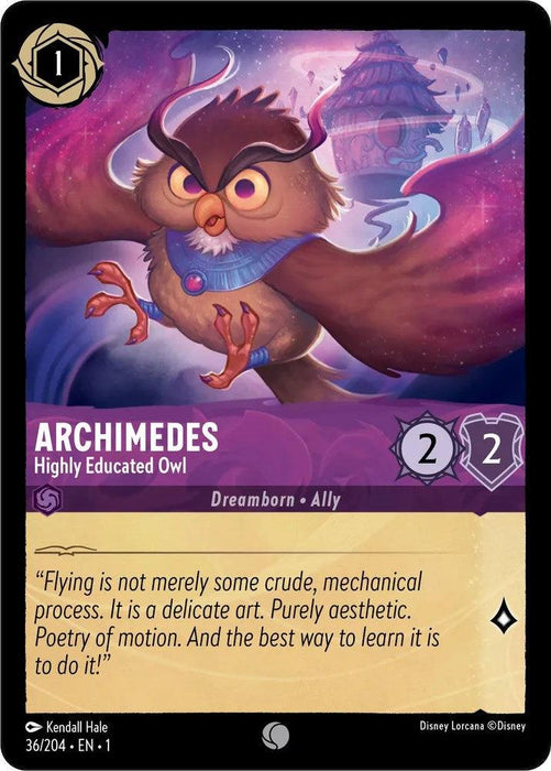 A Disney Lorcana card featuring Archimedes - Highly Educated Owl (36/204) [The First Chapter], a highly educated owl Dreamborn ally. The owl is mid-flight with an intense gaze, against a backdrop of a mystical village. The Flying 2/2 card, from The First Chapter series, reads, "Flying is not merely some crude, mechanical process...
