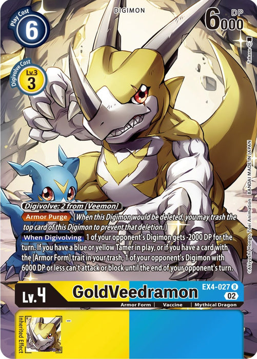 A digital card named "GoldVeedramon [EX4-027] (Alternate Art) [Alternative Being Booster]" features a Level 4, yellow Digimon with 6000 DP in its Armor Form. It requires a play cost of 6 and can digivolve from "Veemon," costing 2 Digivolution points. The card portrays a mythical, dragon-like creature adorned in gold armor and includes details of its abilities and effects. This collectible is part of the Digimon brand.