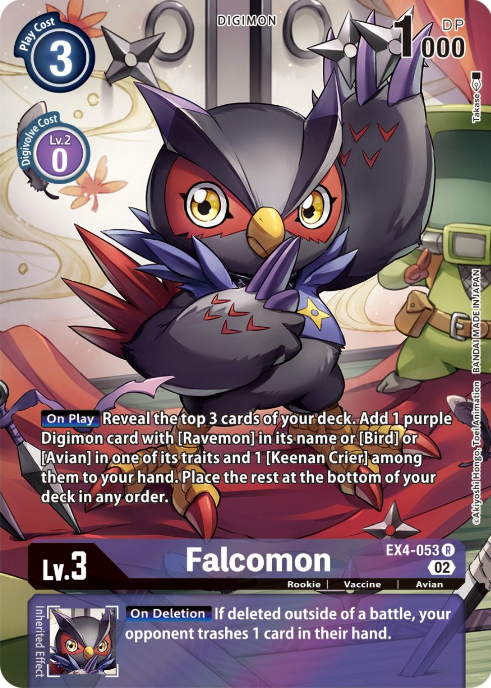 A rare Digimon card, Falcomon [EX4-053] (Alternate Art) from the Alternative Being Booster series, features a rookie-level avian with red and purple feathers and a segmented beak. The card details its play cost as 3, level as 3, DP as 1000, and special abilities. The background showcases vibrant patterns and it's part of the Bandai Namco series.