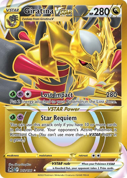 A Pokémon Giratina VSTAR (212/196) [Sword & Shield: Lost Origin] from the Lost Origin series. The card has a predominantly gold and gray design with Giratina in a dynamic pose. Key moves: "Lost Impact" and "Star Requiem." Includes HP 280 and VSTAR Power details. This Secret Rare is card number 212/196.