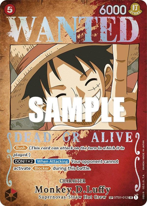 A character card features an illustration of a grinning character wearing a straw hat. The top reads "WANTED" with "DEAD OR ALIVE" below it. Various game instructions and stats surround the Super Rare character. The word "SAMPLE" is overlaid in white. The character name *Monkey.D.Luffy (Wanted Poster) [Pillars of Strength]* is at the bottom, from *Bandai*.