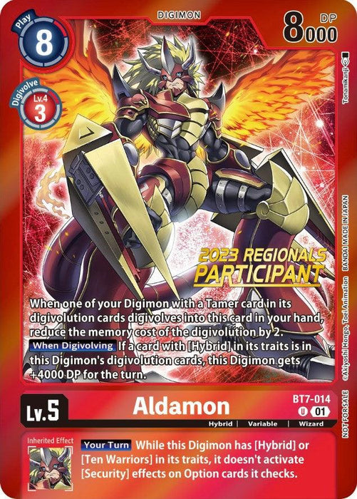 A Digimon Promo card labeled "Aldamon [BT7-014] (2023 Regionals Participant) [Next Adventure Promos]." The card has a red and gold border, with an image of Aldamon, a powerful Hybrid Digimon with a fierce expression. The card details its abilities, costs, and other stats, and features "2023 Regionals Participant" text.