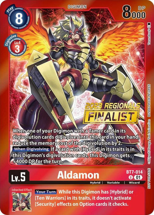 A Digimon card depicting Aldamon. This red promo card features Aldamon, a warrior-like Digimon with armor, a helmet, and a flowing cape. It has 8000 DP, a play cost of 8, and digivolves from Lv. 4 for 3 cost. The text reads "2023 Regionals Finalist" and includes traits related to Hybrid and Ten Warriors— **Digimon Aldamon [BT7-014] (2023 Regionals Finalist) [Next Adventure Promos]**.