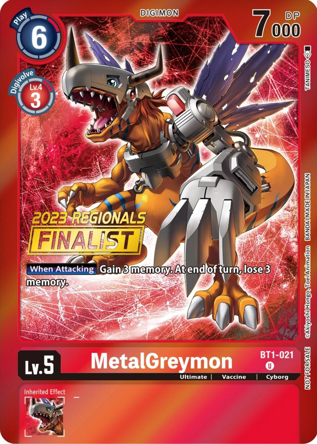 The Digimon MetalGreymon [BT1-021] (2023 Regionals Finalist) trading card from the Release Special Booster Promos series features a striking red background with an illustration of the cyborg dinosaur at its center. This Level 5 Ultimate form promo card boasts 7000 DP, special effects, and proudly displays the 