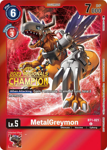 Introducing the MetalGreymon [BT1-021] from the Digimon brand, a 2023 Regionals Champion promo card from the Release Special Booster Promos series. This Ultimate level, Vaccine-type Cyborg Digimon card features a striking red background with '2023 Regionals Champion' text. MetalGreymon is depicted as a robotic dinosaur clad in metallic armor. The card has a play cost of 6, DP of 7000, and an effect that modifies memory.