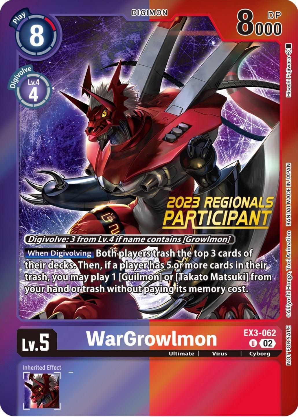 A Digimon product featuring WarGrowlmon [EX3-062] (2023 Regionals Participant) [Draconic Roar Promos] with clawed hands extended forward, set against a fiery, purple background. The card reads 