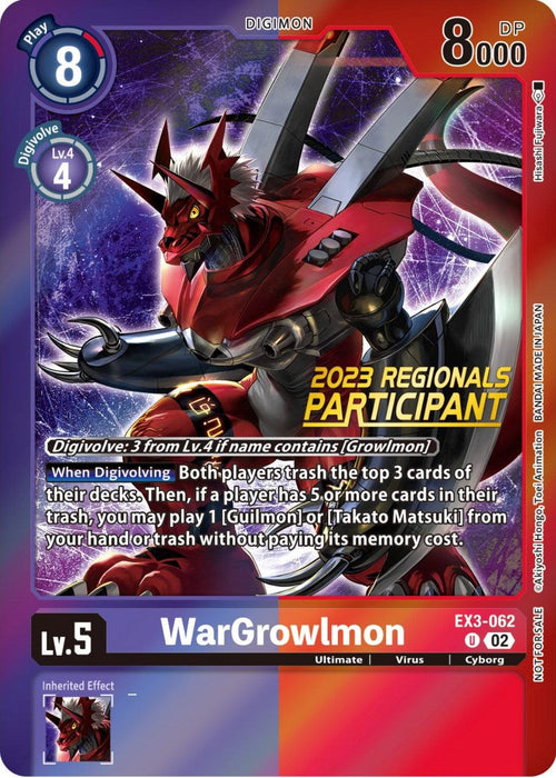 A Digimon product featuring WarGrowlmon [EX3-062] (2023 Regionals Participant) [Draconic Roar Promos] with clawed hands extended forward, set against a fiery, purple background. The card reads "2023 Regionals Participant" and includes the Draconic Roar effect. It has a blue Level 5, 8000 DP, and 8 Play Cost with details listed in a red frame at the bottom.