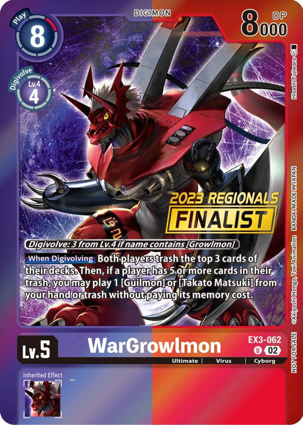 A Digimon card named WarGrowlmon [EX3-062] (2023 Regionals Finalist) from the Draconic Roar Promos series, featuring a red and grey armored cyborg with sharp claws. The card includes texts such as 