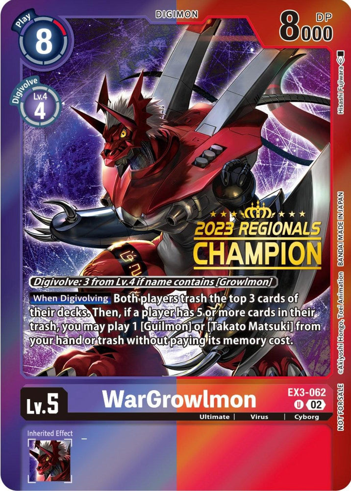 The image features a Digimon card named WarGrowlmon [EX3-062] (2023 Regionals Champion) [Draconic Roar Promos], boasting 8000 DP and a Play Cost of 8. The text highlights a Digivolve Cost of 3 from Lv. 4 (purple). The card depicts a striking red and black cyborg dragon with sharp claws, identified as part of the Draconic Roar Promos in the 2023 Regionals.