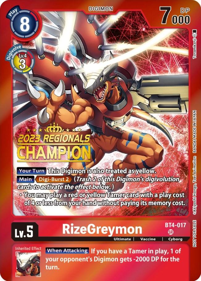 The Digimon card RizeGreymon [BT4-017] (2023 Regionals Champion) from the Great Legend Promos is predominantly red, showcasing various graphics and detailed information about RizeGreymon. In the top left, a blue circle with the number 8 is displayed, while the top right indicates a DP of 7000. Additionally, text on the card elaborates on RizeGreymon's abilities and effects. This Promo rarity card also highlights 