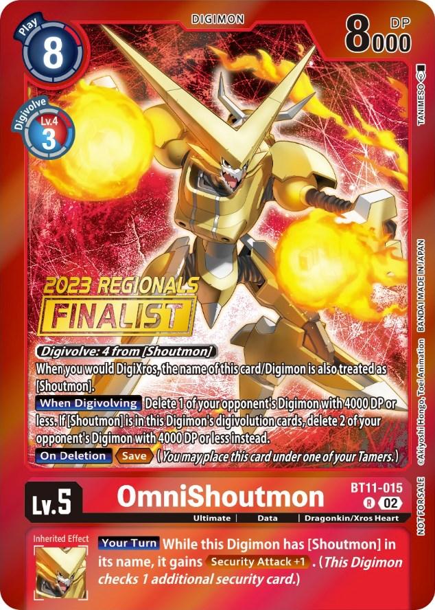 Introducing the OmniShoutmon [BT11-015] (2023 Regionals Finalist) from the Digimon Dimensional Phase Promos series. This striking card features captivating gold and red artwork and boasts a play cost of 8, a digivolve cost of 3 from a level 4 Shoutmon, and an impressive 8000 DP. The text covers its powerful abilities and effects, with a special note highlighting its 