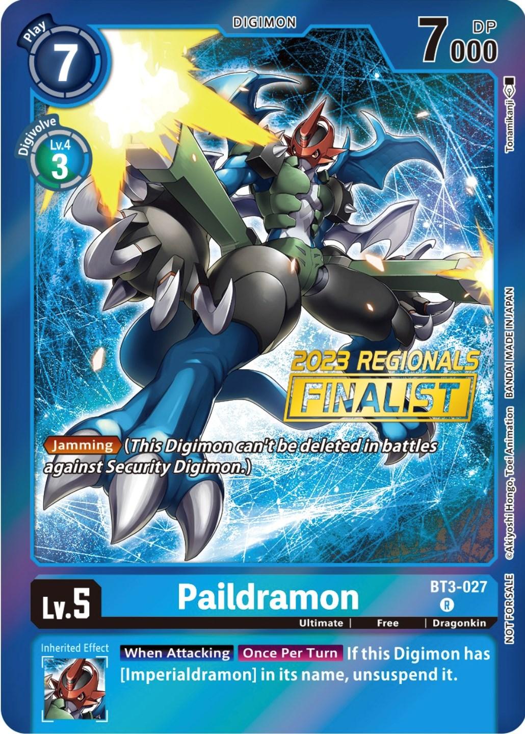 This Digimon trading card, Paildramon [BT3-027] (2023 Regionals Finalist) from the Release Special Booster Promos series, features a blue and green armored dragon with bladed arms. As a part of the 2023 Regionals Finalist edition, Paildramon boasts 7000 DP, is a level 5 Ultimate type with the Jamming ability, and has a special trait that allows it to unsuspend when attacking if it has 