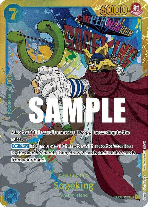 A colorful trading card featuring Sogeking [Pillars of Strength] from the Bandai "One Piece" series. This SEC has a power level of 6000, a cost of 7, and includes text about returning a character card and drawing or discarding cards. The word "SAMPLE" is printed in bold white letters across the center.