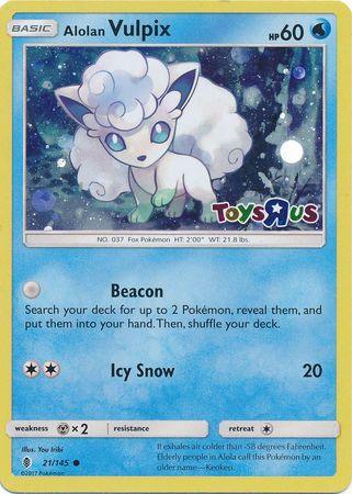 A Pokémon Alolan Vulpix (21/145) (Toys R Us Promo) [Sun & Moon: Guardians Rising] card. This promo card has 60 HP and features the moves "Beacon" and "Icy Snow". The illustration shows Alolan Vulpix with blue and white fur, standing on snowy terrain.