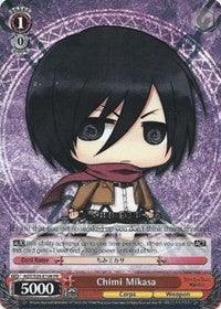 A chibi-style illustration of a character named "Chimi Mikasa" from the card game "Weiß Schwarz". This promo card, Chimi Mikasa (AOT/S35-E109 PR) (Promo) [Attack on Titan] by Bushiroad, features the Attack on Titan character with short black hair, large dark eyes, and wearing a white shirt with a brown jacket, scarf, and skirt. The card has a power rating of 5000 and various attributes and skills.
