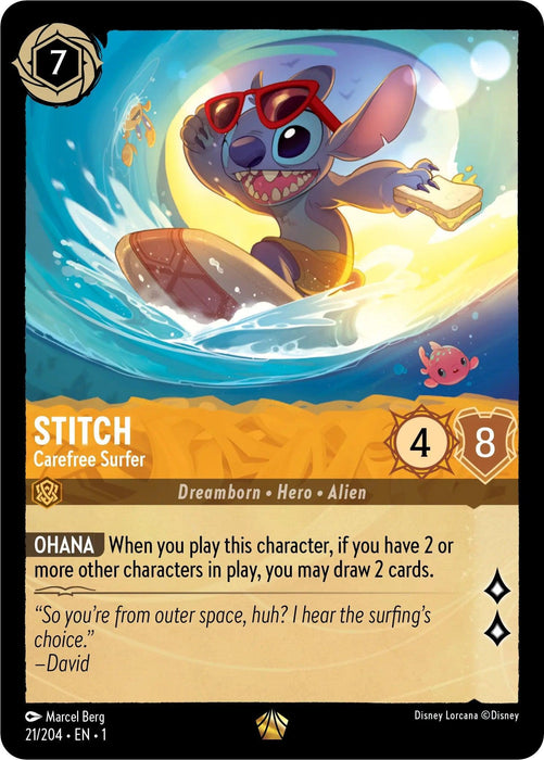 A trading card features the legendary Stitch, a blue alien, surfing on an orange and yellow crescent-shaped surfboard amid ocean waves. He wears red sunglasses, extends his tongue playfully, and holds a yellow card in one paw. The background is a vivid ocean scene with a small fish. Text describes his abilities in Disney's Stitch - Carefree Surfer (21/204) [The First Chapter].