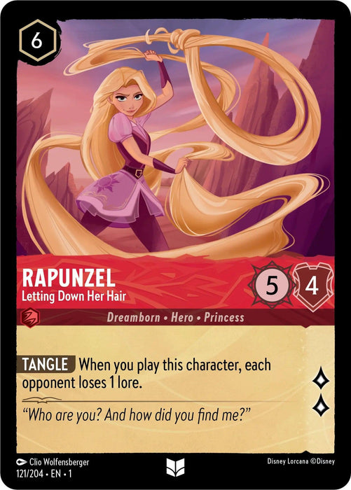 The image is of an uncommon trading card, Rapunzel - Letting Down Her Hair (121/204) [The First Chapter], from Disney. She is depicted letting down her long golden hair, swirling it around her. The pink sky with clouds forms the background. The card has attributes of "6," "5," and "4," includes text about "Tangle" abilities, and a quote from Rapunzel in the first chapter.