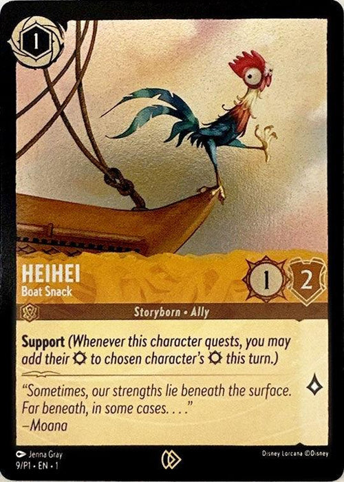 A Disney Heihei (9) [Promo Cards] trading card features a cartoon rooster named Heihei perched on a boat, likely searching for a Boat Snack. The text box includes description, abilities, and a quote by Moana. With yellow and black borders, the card boasts icons showing its properties: cost (1), attack (1), defense (2).
