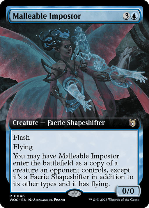 A Magic: The Gathering card from the Wilds of Eldraine Commander set, titled "Malleable Impostor (Extended Art) [Wilds of Eldraine Commander]." With a blue border, it costs 3 colorless mana and 1 blue mana. The artwork showcases a blue-winged faerie radiating magical energy. This Faerie Shapeshifter has Flash and Flying abilities and is a 0/0 creature.