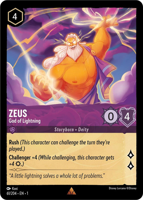 A trading card featuring Zeus, the God of Lightning, in a dynamic illustration. The rare card showcases Zeus with a muscular build, white hair, and a beard, wielding a lightning bolt above his head. Part of Disney's The First Chapter series, it has attributes like "Rush" and "Challenger +4," with the quote, "A little lightning solves a whole lot of problems." This specific card is titled Zeus - God of Lightning (61/204) [The First Chapter].
