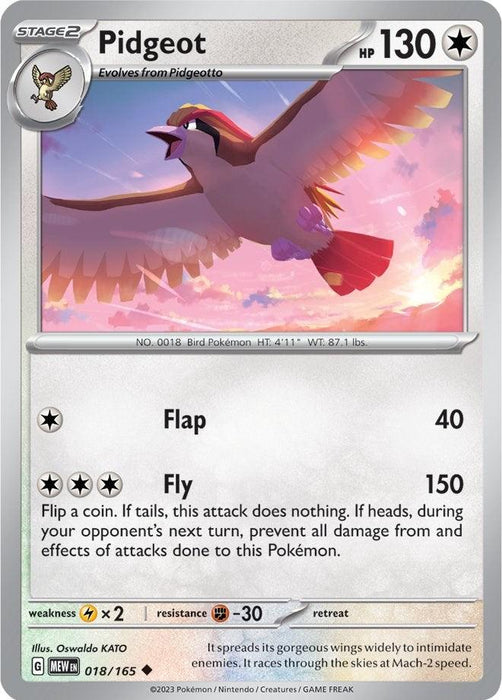 A Pokémon trading card for Pidgeot (018/165) [Scarlet & Violet: 151] from the Pokémon series. The Uncommon card displays an illustration of Pidgeot, a Colorless avian creature with red and yellow plumage, soaring through a vibrant sunset sky. It has 130 HP and includes attacks like "Flap" for 40 damage and "Fly" for 150 damage.
