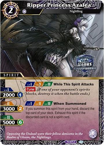 A trading card features "Ripper Princess Azalea (Championship Card Pack 2023 Vol. 2) (BSS02-035)" from the Bandai Battle Spirits Saga Promo Cards series. The card showcases a winged, dark-clad character with a scythe. Various colorful symbols and text describe its abilities: attacks that destroy blockers, impairing opponents' spirits, and discarding cards.