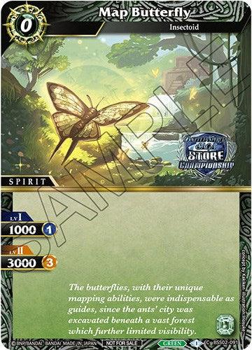 A trading card titled "Map Butterfly (Championship Card Pack 2023 Vol. 2) (BSS02-091)" from the "Insectoid" and "Battle Spirits Saga Promo Cards" series by Bandai. The card depicts a glowing butterfly with intricate wing patterns in a forest setting. The card has stats: Level 1 with 1000 power and 1 cost, Level 2 with 3000 power and 3 cost. Text describes the butterfly’s mapping abilities.