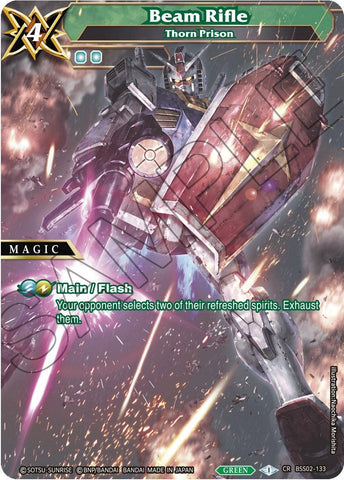 A Collaboration Rare card from a trading card game titled "Beam Rifle (BSS02-133)" from Bandai's [False Gods] series. The card displays a robot in metallic armor with colorful accents, holding a large gun emitting beams. The robot also carries a shield, and there is fire and debris in the background. Main effect text reads: "Main/Flash - Your opponent selects two of their refreshed spirits. Exhaust them.