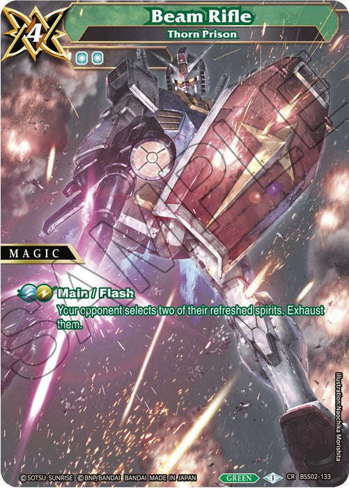 A Collaboration Rare card from a trading card game titled "Beam Rifle (BSS02-133)" from Bandai's [False Gods] series. The card displays a robot in metallic armor with colorful accents, holding a large gun emitting beams. The robot also carries a shield, and there is fire and debris in the background. Main effect text reads: "Main/Flash - Your opponent selects two of their refreshed spirits. Exhaust them.
