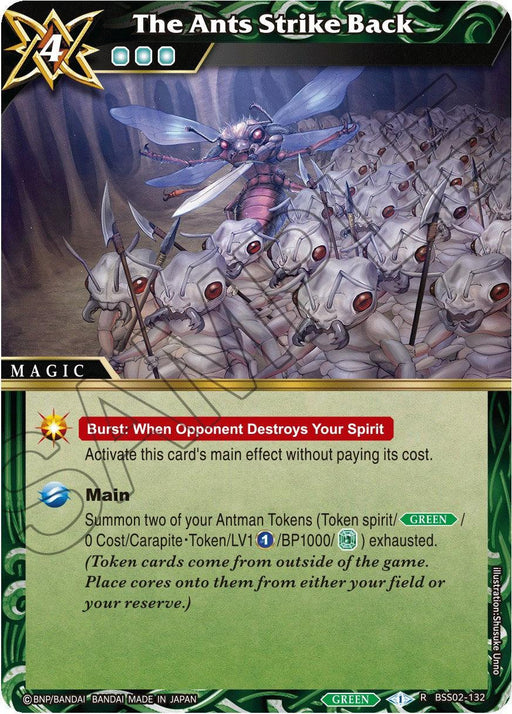 A collectible Magic Card titled "The Ants Strike Back" (BSS02-132) [False Gods] by Bandai with a green star symbol. The illustration features a giant armored ant leading an army of red ants. The card text describes activating its main effect without cost upon the opponent destroying a spirit, involving the summoning of Antman Tokens.