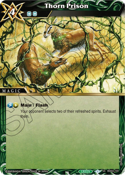 The image depicts a trading card titled "Thorn Prison (BSS02-133) [False Gods]," showing two deer-like creatures trapped in thorny vines. The Bandai card has a cost of 4 with a green color scheme. It features "Main/Flash" abilities, and the effect forces the opponent to exhaust two of their refreshed spirits while facing False Gods.