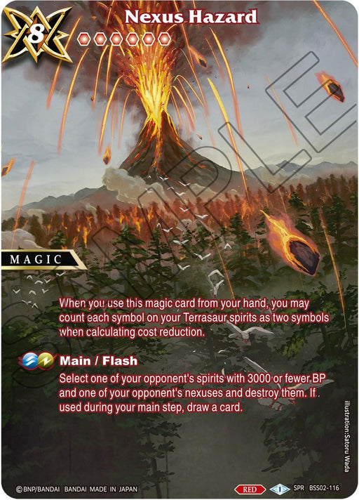 A Magic card named "Nexus Hazard (Special Rare) (BSS02-116) [False Gods]" from Bandai's Battle Spirits Saga. As a Special Rare, the card features an erupting volcano with flowing lava and fiery debris in the background. The cost reduction symbols are depicted at the top, while the effects and gameplay instructions are written in the center.