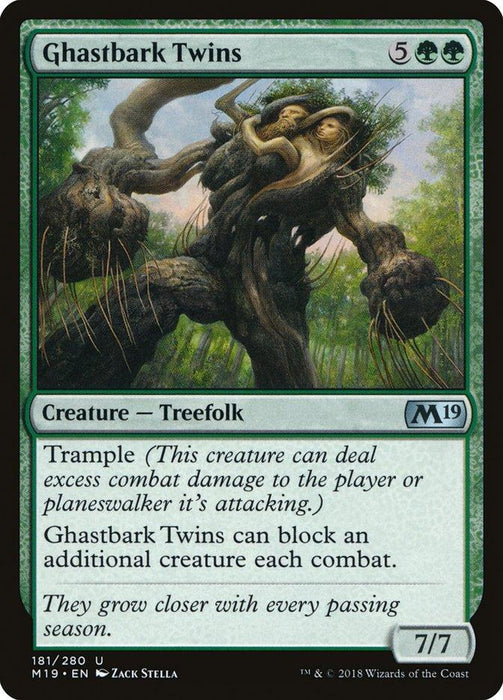A Magic: The Gathering card titled "Ghastbark Twins [Core Set 2019]" features fantasy art of a massive Treefolk creature with two distinct faces emerging from its trunk. This green creature costs 5GG to play, boasts a power/toughness of 7/7, and includes the abilities "Trample" and "Ghastbark Twins can block an additional creature each combat.