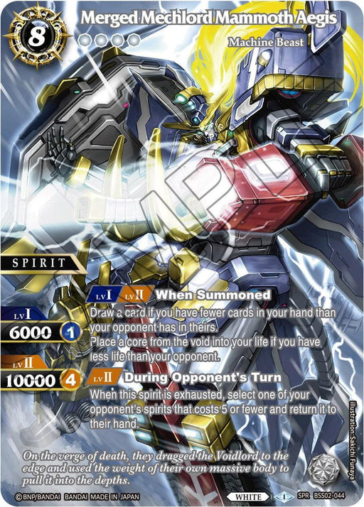 A fantasy trading card named "Merged Mechlord Mammoth Aegis (Special Rare) (BSS02-044) [False Gods]." The Bandai Special Rare card features a large, detailed armored mech with tusks, depicted in a dynamic action pose. The card's attributes include a cost of 8, Machine Beast type, 6000 BP at level 1, and 10000 BP at level 2. Various abilities and effects are listed on the