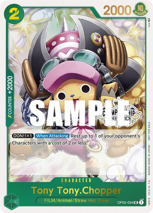 This is a trading card featuring Tony Tony Chopper, a reindeer wearing a pink helmet with white dots and purple sunglasses. He is holding a large yellow and black axe. The card has a green border with 2000 power points, a cost of 2, and "SAMPLE" across it. This promo is part of the One Piece Promotion Cards collection by Bandai, designated as Tony Tony.Chopper (Store Championship Participation Pack) [One Piece Promotion Cards].