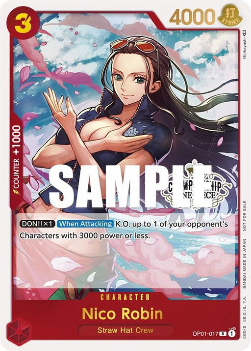 A promo trading card features an illustration of Nico Robin from the Straw Hat Crew. She is wearing a black top and sunglasses on her head, striking a confident pose with one hand by her face. The Nico Robin (Store Championship Participation Pack) [One Piece Promotion Cards] by Bandai displays her strength, attributes, and special abilities in vibrant colors, with "SAMPLE" overlaid diagonally.