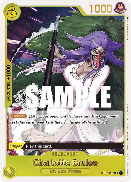 A promo trading card, Charlotte Brulee (Store Championship Participation Pack) [One Piece Promotion Cards] by Bandai, features the character "Charlotte Brulee" from the Big Mom Pirates. She wields a large lollipop-like weapon and has a menacing grin, gray hair, and a tall, thin hat. The card has a yellow border, value of 3, 1000 power, "Blocker" ability, and "Play this card" trigger text.